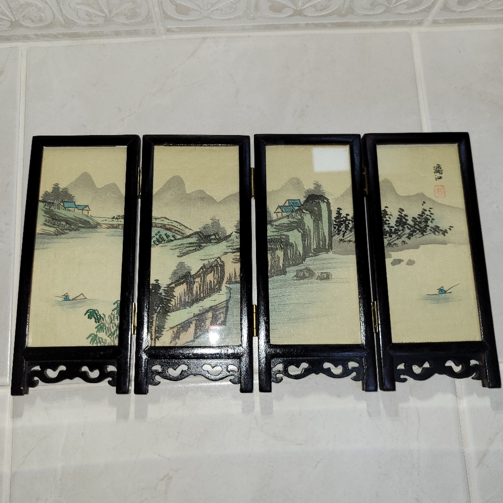 Vintage Chinese 4 Panel Mini Screen Artist Hand Painted Silk Lacquer Wood Glass - Picture 12 of 13